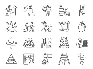 Personal growth icon set. It included developing, a career path, goal, right direction, potential and more icons.