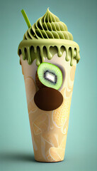 Illustration of kiwi ice cream with kiwi slices in a waffle cone. A popular summer cold treat. Generated by artificial intelligence