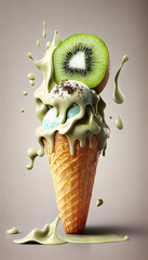 Illustration of kiwi ice cream with kiwi slices in a waffle cone. A popular summer cold treat. Generated by artificial intelligence