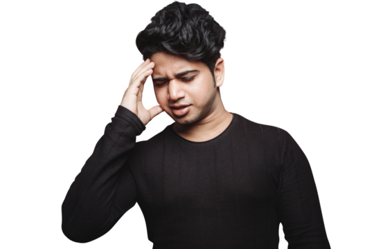 PNG of a Young Man Trying to Recollect or  Headache Gesture. Short term Memory Loss and dedication towards the art of acting against a transparent backgroud.