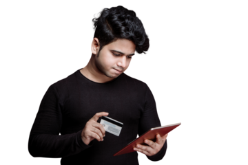 Issues Difficulties Making Payment Online Money Problem. Young Indian Man Struggling to Make a Payment Due to Financial Crisis isolated transparent PNG background.