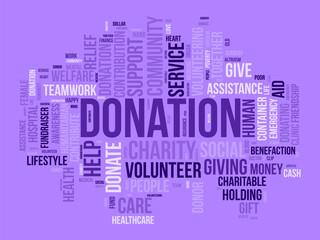 Word cloud background concept for DONATION. charity support, finance contribution help of community fundraising. vector illustration.