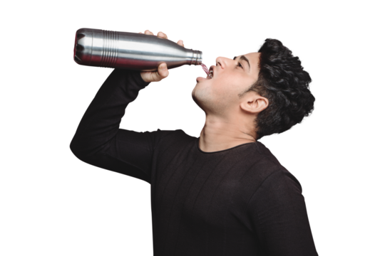 PNG of a Thirsty Man Drinking Pure Water. Handsome fit young man pouring water into his mouth isolated on a transparent PNG background.