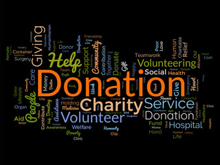 Word cloud background concept for DONATION. charity support, finance contribution help of community fundraising. vector illustration.