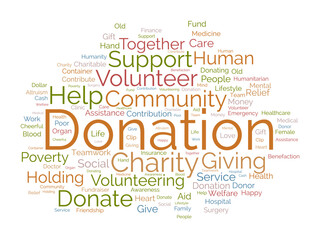 Word cloud background concept for DONATION. charity support, finance contribution help of community fundraising. vector illustration.