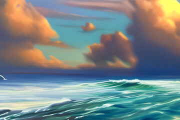 Obraz premium sunset over the sea. sunset on the beach. seascape oil painting. seascape. oil painting.