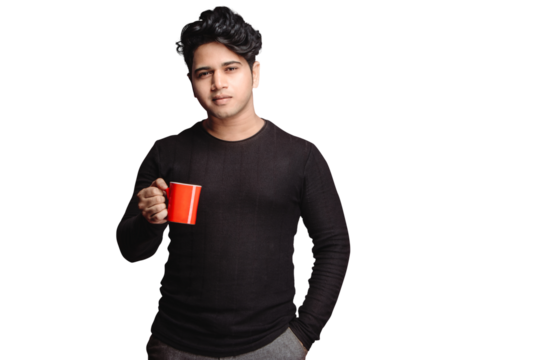 PNG of Young handsome man Posing drinking a cup of hot coffee with a confident expression on smart face thinking serious with hands in pocket over isolated transparent PNG background.