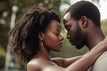 Capturing the Essence of Black Love: A Beautiful Portrait of an Affectionate and Intimate Couple Embracing in Blissful Togetherness, ai generative - obrazy, fototapety, plakaty
