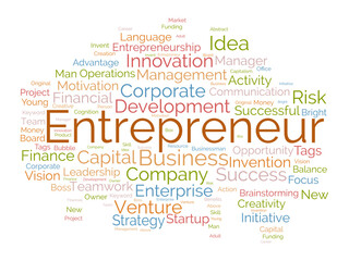 Word cloud background concept for Entrepreneur. Business management, finance success and creative development, startup vision of leadership idea. vector illustration.