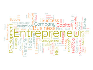 Fototapeta premium Word cloud background concept for Entrepreneur. Business management, finance success and creative development, startup vision of leadership idea. vector illustration.