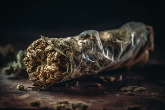 A crushed marijuana bud on rolling paper and a rolled cannabis joint. Generative AI