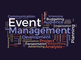 Word cloud background concept for event management. Marketing planning, business meeting communication development, target of commercial goal success. vector illustration.