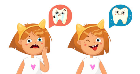 Concept of dental caries treatment.Crying girl with pain before treatment and happy after treatment.Vector illustration