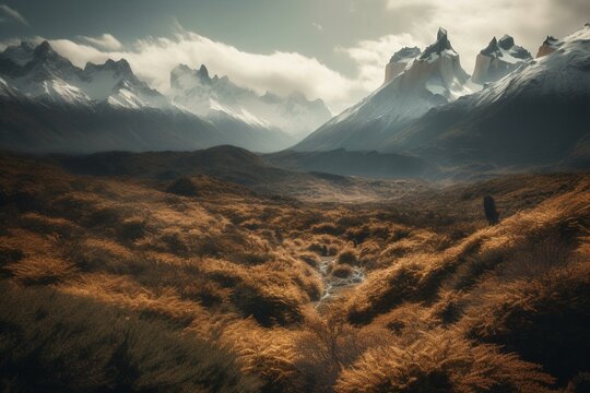 View of Tierra del Fuego mountains in Argentina, showcasing South American nature. Generative AI