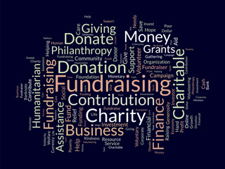 Word cloud background concept for Fundraising. Charity funding, philanthropy donation support of charitable contribution. vector illustration. - obrazy, fototapety, plakaty
