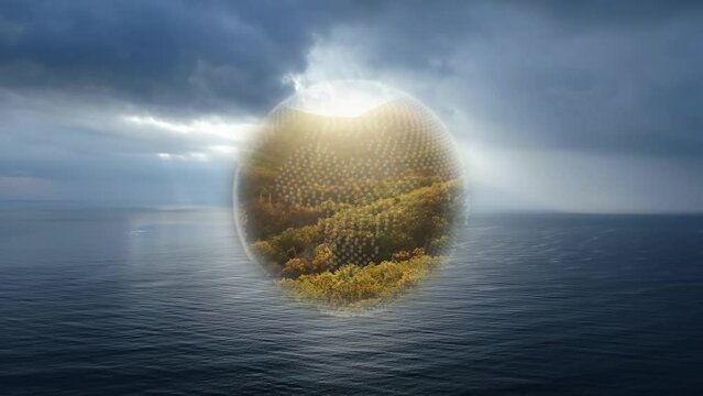 A transparent globe in which forests and mountains are visible against the background of the sea horizon. The concept of protection of the natural environment and water resources. Cg
