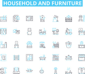 Household and furniture linear icons set. Sofa, Bed, Chair, Table, Shelf, Lamp, Rug line vector and concept signs. Mirror,Couch,Cushion outline illustrations