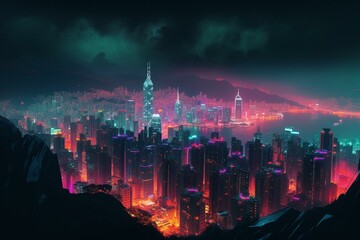 Vivid neon city against mountainous AI backdrop. Generative AI