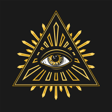 Composition with all seeing eye, eye of providence. Illuminati symbol in pyramid, triangle with light rays, geometric beams. Golden design in retro, vintage style.