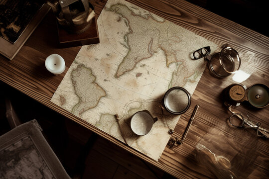 Journey's Map: Travel Treasures on Wooden Table