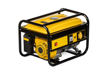 Yellow and black portable electric gas generator isolated on white for backup energy.