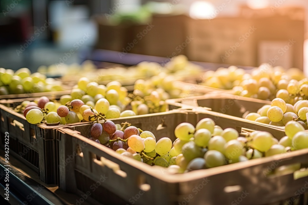 Poster crate filled with fresh grapes. generative ai
