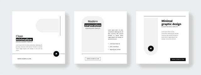 Set of monochrome social media layouts with line accent, simple editable graphic templates for web, rounded corners, instagram, facebook, black and white, square design, banner advert