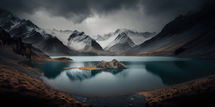 A bleak vertical view of the chandra tal lake in the spiti valley of the himalayas. Generative AI