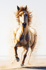 Fototapeta na wymiar Horse in sand on the beach. Watercolor painting effect. AI generated
