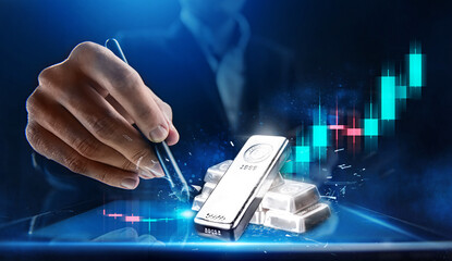 Rising silver prices concept. Investment in precious metals in the stock market