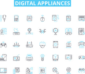 Digital appliances linear icons set. Smart, Reliable, Efficient, Connected, Innovative, Integrative, Sleek line vector and concept signs. Stylish,Intelligent,Streamlined outline illustrations