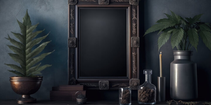 Home Decor: Blue Mirrors, Vases & Plants On Shelves & Tables | Stock Photo Frame Mockup Template Generative AI