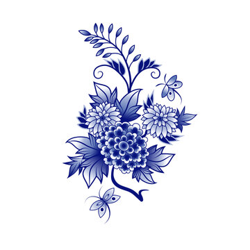 Blue and white bouquet of abstract flowers and butterflies. Design elements on a white background. Chinese style decoration. Floral vector template.