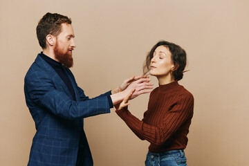 Man and woman couple in a relationship quarrel, yelling, psychological violence in the family, problems in a real relationship between people