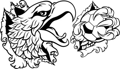 A bald eagle or hawk with claw talons holding a soccer football ball and ripping or tearing through the background. Sports Mascot