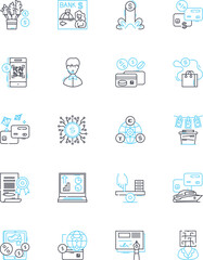 Alternative finance linear icons set. Crowdfunding, Peer-to-peer lending, Cryptocurrency, Microfinance, Asset-based lending, Invoice financing, Angel investing line vector and concept signs. Impact