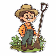 A gardener puts new plants in the ground. Gardening work, maintenance of greenery and parks. Cartoon vector illustration. label, sticker, t-shirt printing