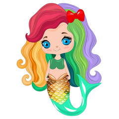 Mermaid with rainbow hair. Children's drawing of a sea mermaid. Vector graphics