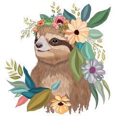 A brutal sloth among flowers, an exotic poster with a sloth and wreaths of flowers on his head. Vector graphics