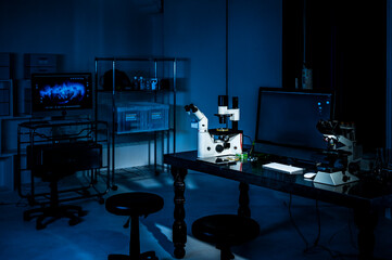 Scientific microscope data analysis in the laboratory, medicine equipment research setting in lab...