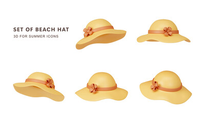 3d set of beach hat for summer time. summer vacation and holidays concept. icon isolated on white background. 3d rendering illustration. Clipping path.