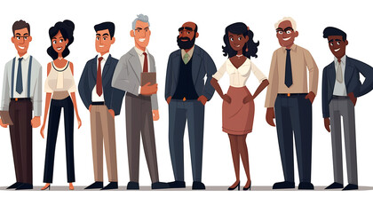 Diversity meets business, A team of cartoon characters from different genders, ages, and body types, dressed in solo office attire, comes together to form an international force in this vector graphic