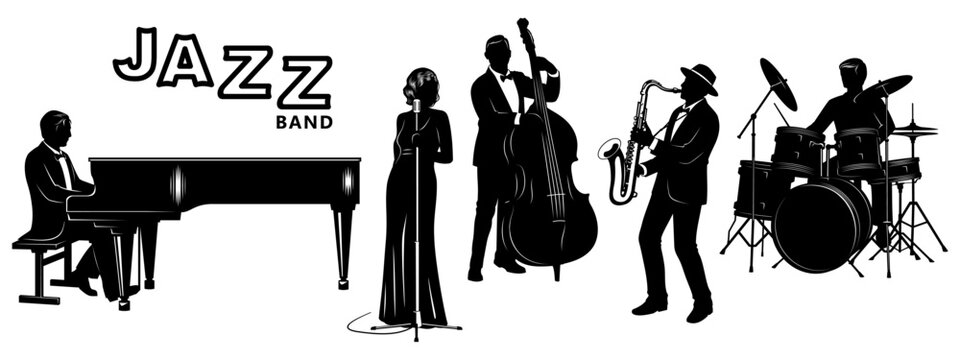 Jazz Band Silhouettes Set. Pianist, Singer, Double Bassist, Saxophonist, Drummer. Vector cliparts.