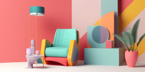 living geometric home design sofa interior memphis armchair room colourful art. Generative AI.