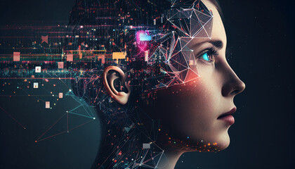 Spieleentwicklung von KI, Künstliche Intelligenz digitaler 3D Kopf mit futuristischem Design, Generative AI - obrazy, fototapety, plakaty