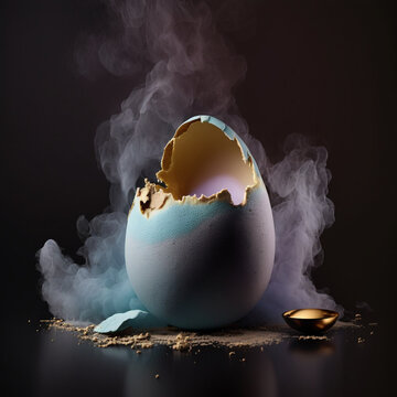 A broken egg with a golden spoon on the bottom and smoke around