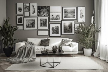 White living room with frames and plants on the walls. Generative AI