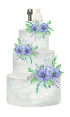 White wedding cake in three tiers, decorated with arrangements of purple anemones and figurines of the bride's dress and groom's suit. Watercolor illustration on a white background
