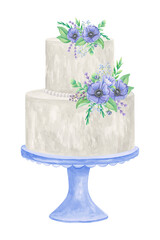 White wedding cake in two tiers, decorated with anemones on a stand. Watercolor illustration on a white background