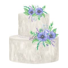 White wedding cake in two tiers, decorated with anemones. Watercolor illustration on a white background